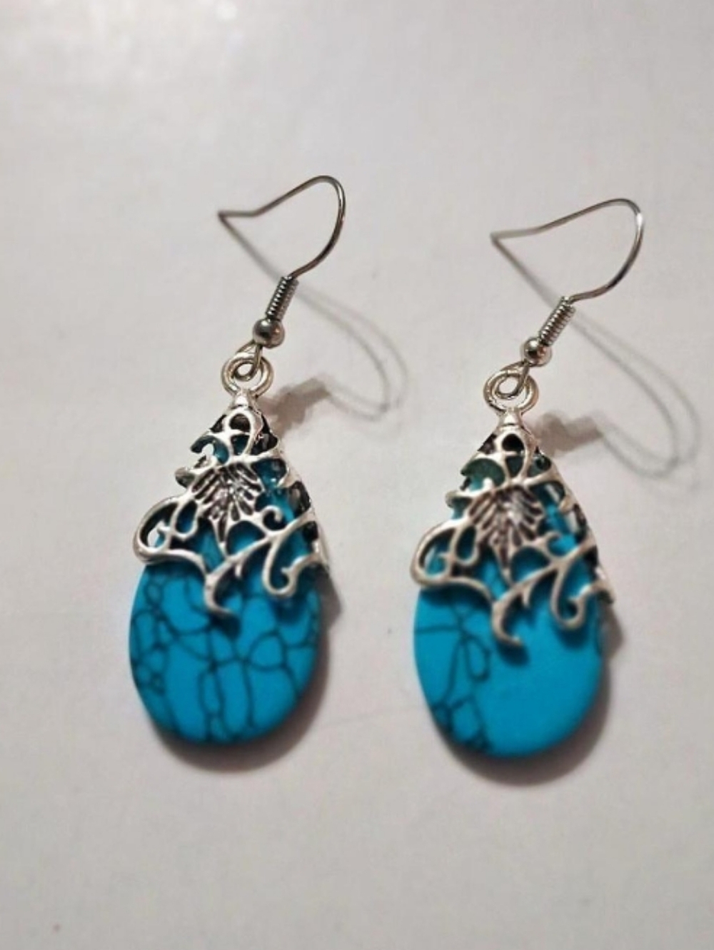 Fashion Turquoise Teardrop Filigree Dangle Earrings